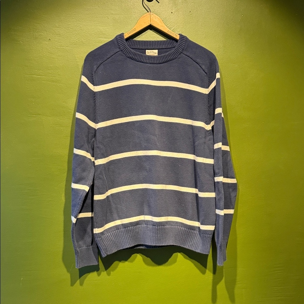 J. Crew Men's Navy and White Striped Crewneck Sweater